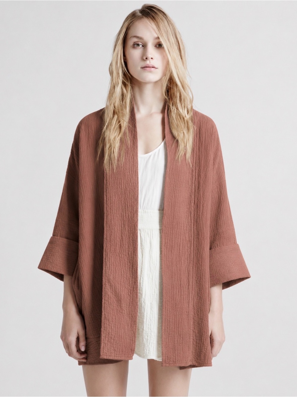 Aritzia Wilfred Lenglen Cotton Gauze Kimono Cardigan Jacket Brown Rust Blush Lg - Picture 1 of 6